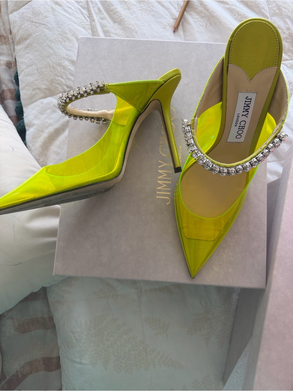 Jimmy Choo Neon Yellow Crystal-Embellished Pointed Toe Mules - Picture 2 of 4